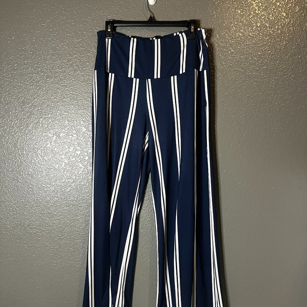 Navy Blue White Striped Wide Leg Pants Womens Large High Rise Flowy